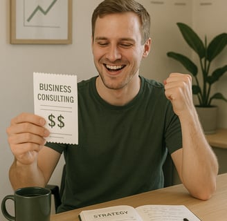 Business owner getting a low cost bill for business consulting and profits are up.