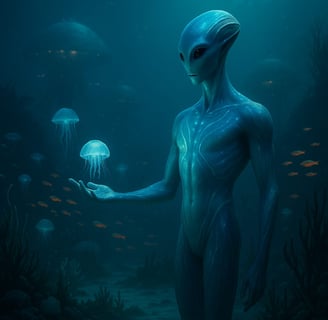 Imagem do Ser do Planeta K2-18b ilustrando a vida debaixo do Oceano com outros seres Bioluminosos