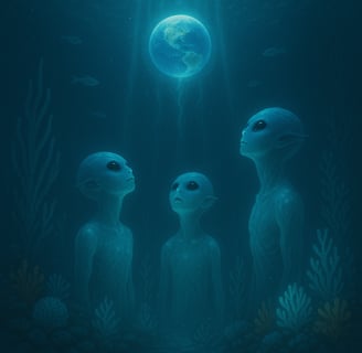 Imagem de encontro Virtual entre os seres do planeta K2-18b e a Planeta Azul (Terra)