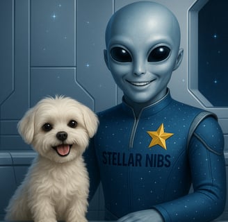 Stéllio o Extraterrestre da Stellar Nibs sorrindo junto com sua Mascote Estrelinha