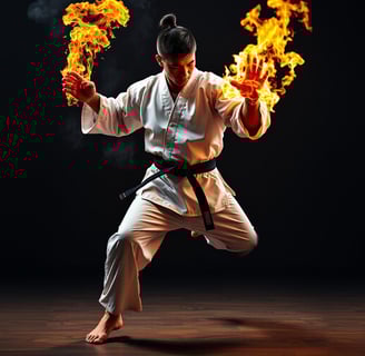 a man in a karate outfit is holding a fire