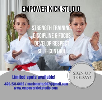 a boy in a karate outfit with a sign that says strength training