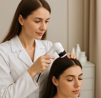 Tricologista jovem, vestindo jaleco branco, realiza exame do couro cabeludo de uma paciente usando um dermatoscópio digital. 