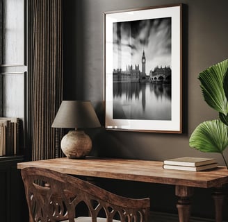 a desk with a lamp and a black and white photograph of big ben and part of the Palace of Westminster