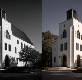 Side-by-side comparison of the same building in black and white and in color, under clear daylight.