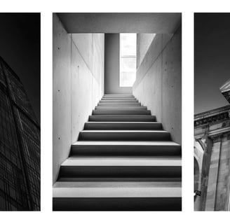 Three architectural images: glass tower, stairs, columns.