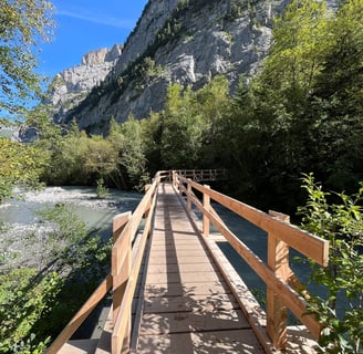 Crossing into the forest of the Gasterntal in Switzerland