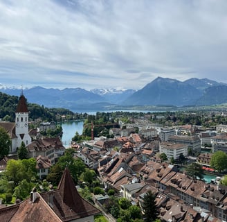 Looking out over Thun and the Alps from the top of Thun Castle in Switzerland