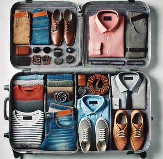 Mala de viagem masculina aberta, mostrando roupas e acessórios bem organizados, pronta para viagem.