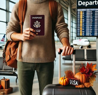 Viajante bem preparado no aeroporto, segurando um passaporte com visto dos EUA visível, com uma mala e uma mochila. Decoraçõe