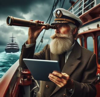 Le capitaine d'un navire regarde vers le large dans une longue vue et avec une tablette à la main