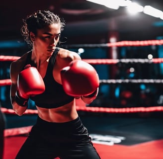 Boxeuse athlétique en position de garde s'entraînant dans un ring avec sac de frappe