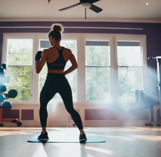 Femme pratiquant une séance de fitness dans une salle d'entraînement à domicile équipée