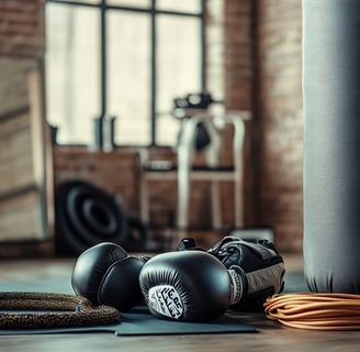 Équipement essentiel de boxe avec gants noirs, corde à sauter et sac de frappe dans une salle