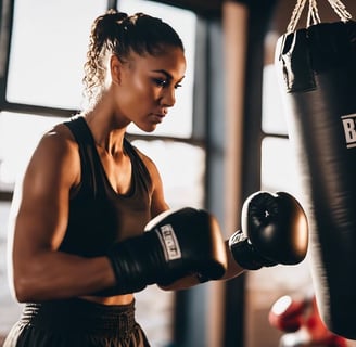 Boxeuse athlétique s'entraînant avec un sac de frappe dans une salle de sport moderne,