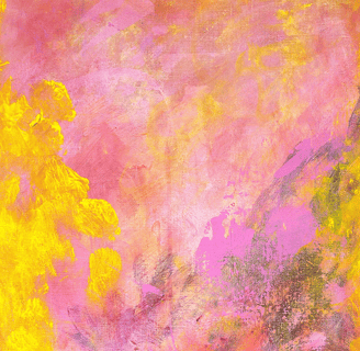 Detail of painting with yellow dot flowers and pink hues