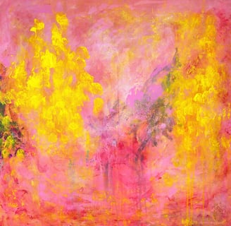 Yellow and pink abstract painting with dots resembling flowers