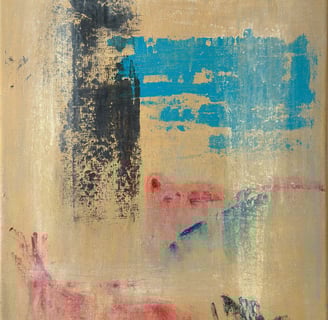 Black, azure, red marks on ochre background artwork