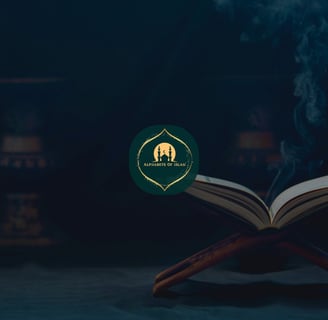 An open Quran resting on a wooden stand with soft ambient lighting and rising incense smoke, featuring the Alphabets of Islam