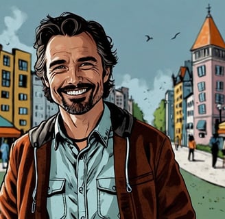 Portrait photo transformed into a comic painting of a man with a beard