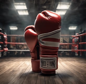 A boxing glove is partially visible, punching into a white punching bag. The background features a large space with gym equipment such as a tire. The setting appears to be an indoor training facility with metal beams supporting the ceiling.