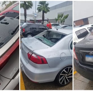 carros com vidros perfurados por pedras de granizo