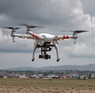 A detailed close-up of a high-tech drone, featuring a prominent Hasselblad camera with a wide-angle lens. The design is sleek and modern with a metallic finish, and the drone appears to be set on a table with a blurred background.