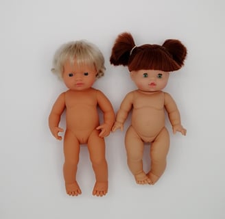 a Miniland doll next to a Minikane doll