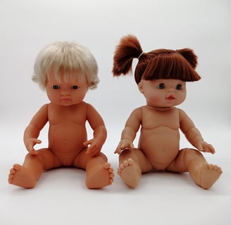 A Miniland doll sitting next to a Minikane doll