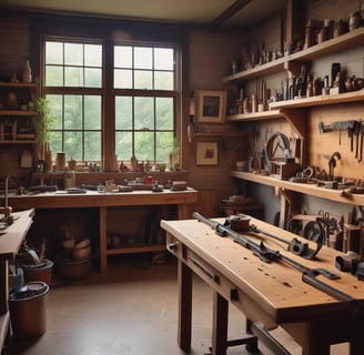 A traditional woodworking shop with a variety of tools and benches, lit by natural light streaming through windows. Tools such as saws, hammers, and chisels are organized on shelves and wooden benches, and a wooden floor is covered with wood shavings.