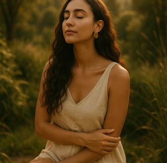 Femme en silence, les yeux fermés, incarnant la reconnexion énergétique et la clarté intérieure