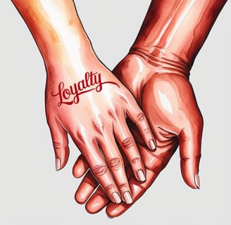 a couple holding hands with a loyalty tattoo one one of their hands. 