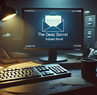 Old email on screen reads 'The Deep Secret,' desk cluttered in dimly lit office
