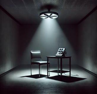 Dimly lit room with a polygraph machine under a spotlight, creating tension and suspense.