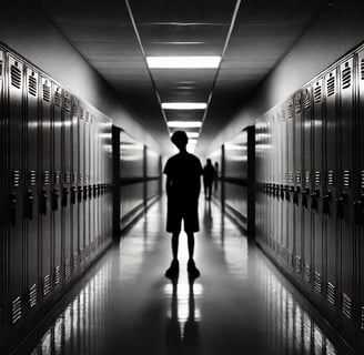 Dark school hallway with a lone silhouetted boy under flickering lights, evoking isolation.