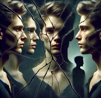 Shattered mirror reflects a man’s fractured identity, symbolizing psychological torment, guilt, and self-doubt.