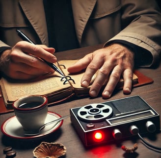 Close-up of detective’s hands writing in notebook, vintage recorder blinking, capturing an intense investigation