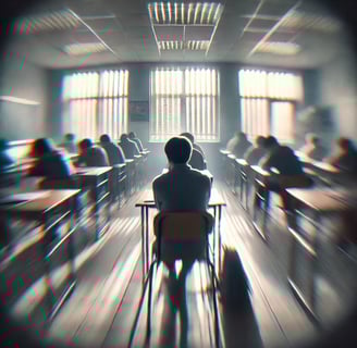 Blurred classroom with a lone student sitting under harsh sunlight