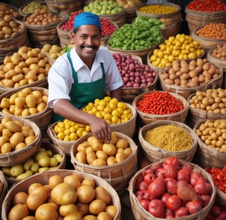 A vibrant market stall overflowing with a variety of fresh fruits and vegetables, including tomatoes, pineapples, peppers, beans, and pumpkins. The produce is artfully arranged in an inviting, colorful display under bright lighting. Shoppers are visible in the background, adding a lively atmosphere to the scene.