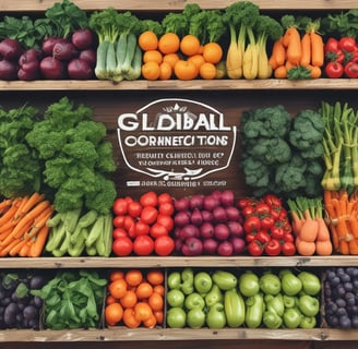 A vibrant market stall displays an assortment of fresh vegetables and packaged food items. Tomatoes, cucumbers, eggplants, and chillies are neatly arranged on blue trays. Various leafy greens and bundled herbs are piled in front, alongside packaged corn. The colorful produce is set against a rustic wooden table.