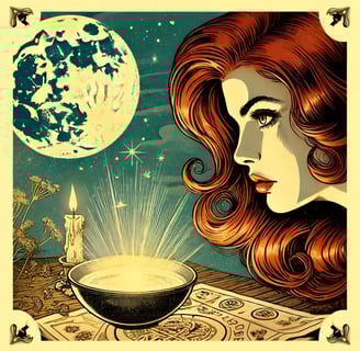 a woman with a bowl of soup in front of a moon