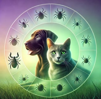 um cão e um gato cercado por parasitas como pulgas e carrapatos