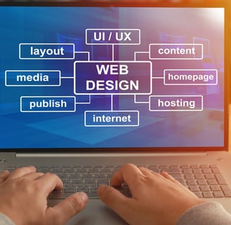 Hands typing on a laptop displaying a web design flowchart with UI/UX, layout, and content.