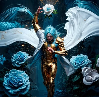 a woman in a gold outfit holding a flower