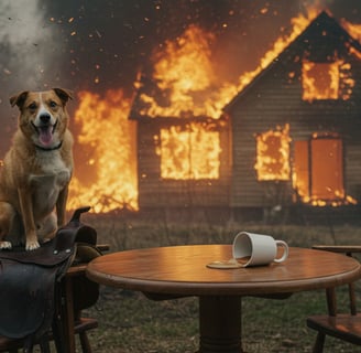 a dog sitting on a table with a cup of coffee and a cup of coffee