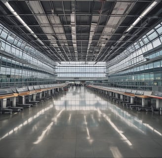 A spacious airport terminal corridor featuring a high, curved ceiling with large windows for natural light. Signs for international departures, immigration, and health services are prominently displayed. People are seen walking and pulling luggage, and a coffee shop is located to the left. The area has a modern design with patterned flooring.