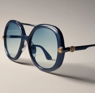 A pair of Ray-Ban eyeglasses with a sleek, rectangular frame is centered on a soft-focus surface. The muted background features hints of blurred shapes and colors, conveying a minimalist and subtle aesthetic.