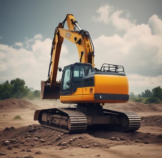 a yellow tractor is parked in the dirt