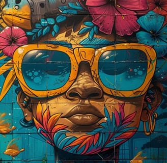 Illustration colorée sur mur béton d'une jeune fille aux lunettes jaunes