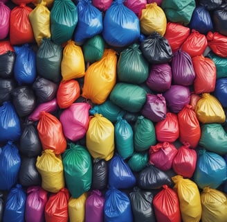 A roll of blue garbage bags with a colorful label. The label displays text in Spanish and French, indicating 40 bags, automatic closure (autocierre), and 30 liter capacity. The background is white.